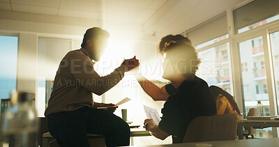 Buy stock photo Men, students and high five with test success, advice and assessment results in college. People, friends and classroom for scholarship, celebration and review exam score for education at university