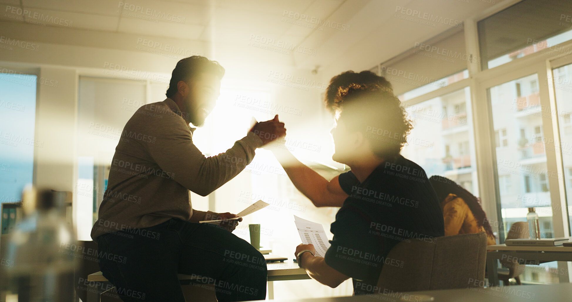 Buy stock photo Men, students and high five with test success, advice and assessment results in college. People, friends and classroom for scholarship, celebration and review exam score for education at university