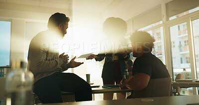 Buy stock photo Lecturer, students and discussion with test paper, advice and assessment results in college. People, professor and classroom for scholarship, support and review exam score for education at university