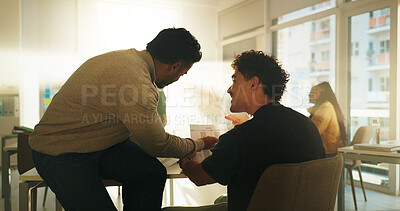 Buy stock photo Lecturer, student and discussion with test paper, advice and assessment results in college. People, professor and classroom for scholarship, question and review exam score for education at university