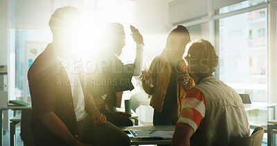 Buy stock photo Students, group and high five in classroom at college with motivation, development and learning goals. People, happy and celebration for results, scholarship or achievement with support at university