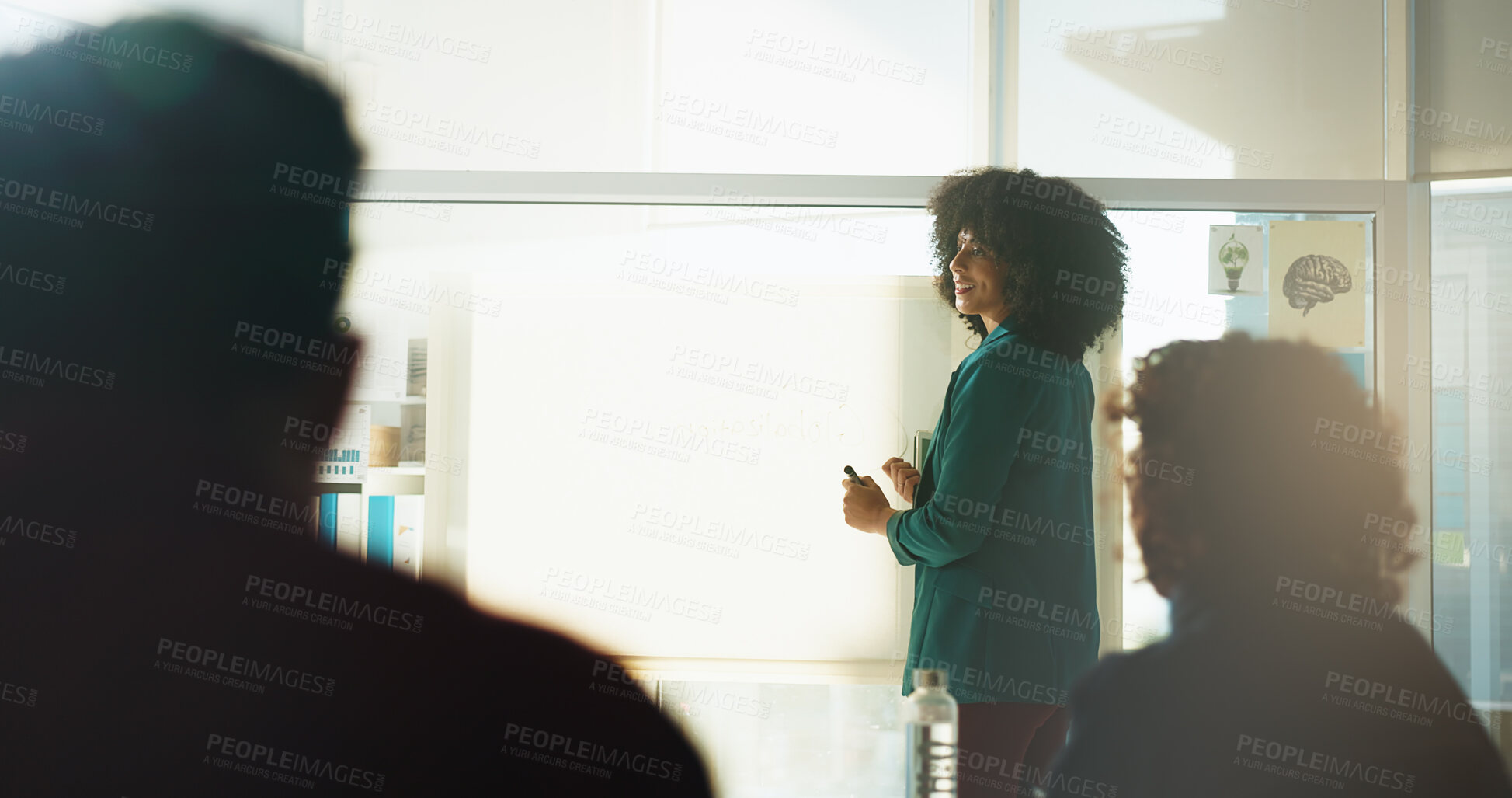 Buy stock photo Happy woman, meeting or presentation with glass board for staff training, workshop or seminar. Female person, coach or teaching with group of employees for information, education or learning on space