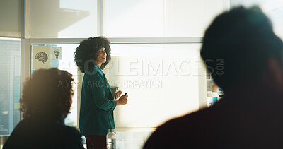 Buy stock photo Happy woman, coaching or presentation with glass board for staff training, workshop or seminar. Female person, meeting or teaching with group of employees for information, ideas or learning on space