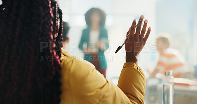 Buy stock photo Woman, student and hands raised with teacher for question, engagement or interaction in classroom. Back view, female person or academic learner with answer or ask for education, learning or knowledge