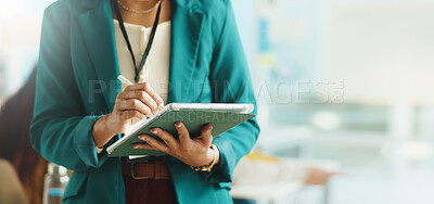 Buy stock photo Teacher, tablet and hands of woman in classroom for online lesson plan, student results and grading. Space, university and lecturer with stylus on tech for course schedule, college education and test