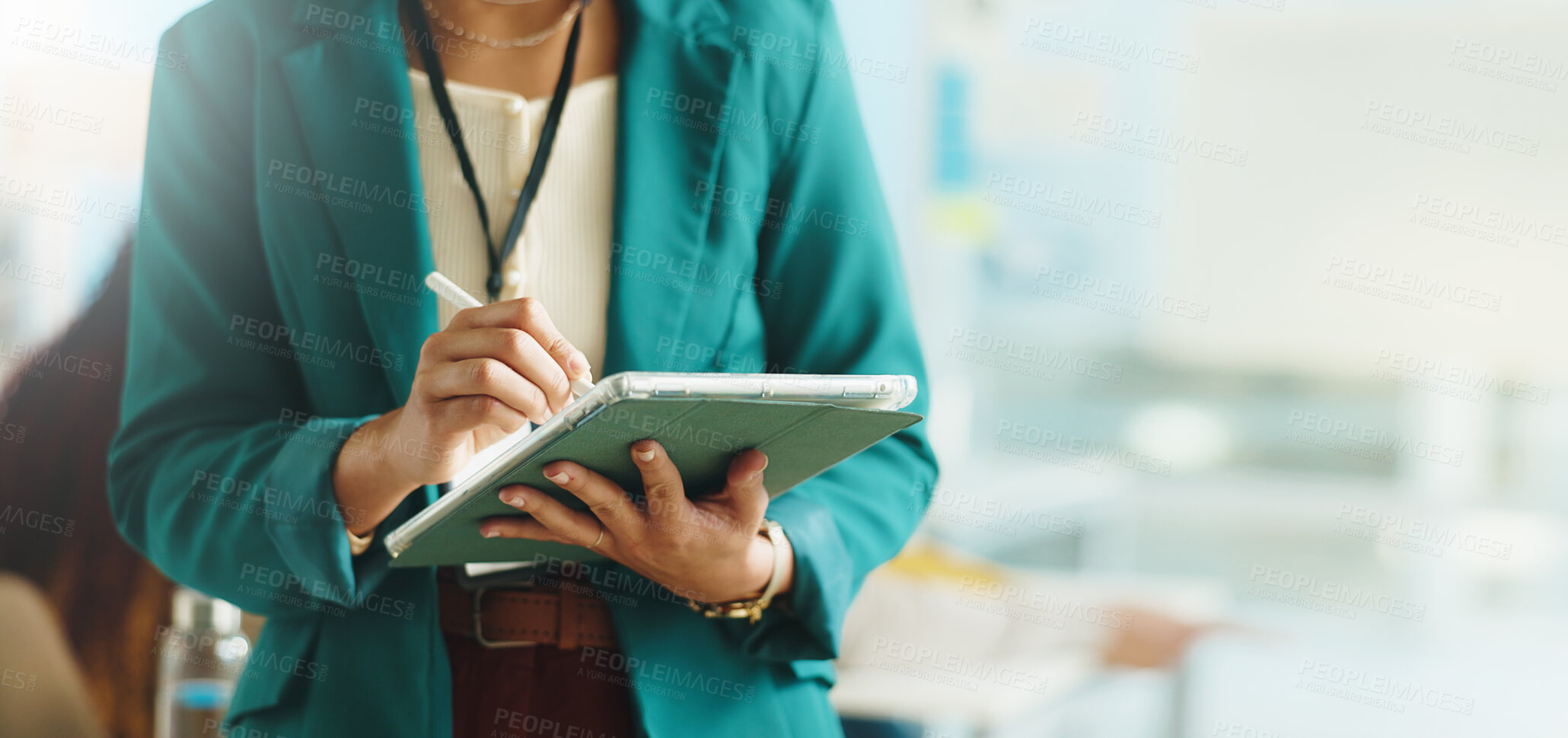 Buy stock photo Teacher, tablet and hands of woman in classroom for online lesson plan, student results and grading. Space, university and lecturer with stylus on tech for course schedule, college education and test