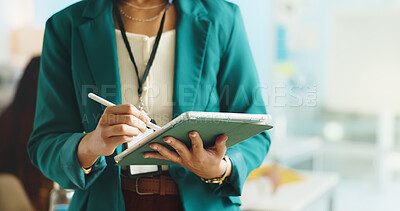 Buy stock photo Teacher, tablet and hands of woman at school for online lesson plan, student results and assignment. College, university and lecturer with stylus on tech for course schedule, education and grading