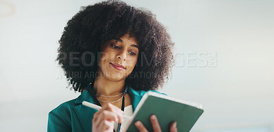 Tablet, business woman and graphic designer for idea, inspiration or insight thinking. Planning, tech and artist with stylus for drawing, research or work on project decision at creative startup
