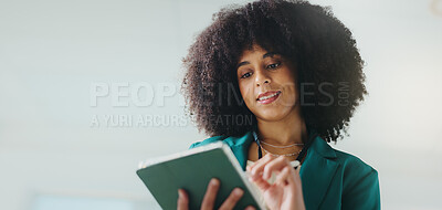 Buy stock photo Tablet, business woman and graphic designer planning for idea, inspiration and low angle. Thinking, technology and artist with stylus for drawing, research and project decision at creative startup