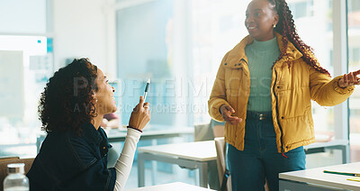 Buy stock photo Happy woman, student and question with group in classroom for higher education or learning. Female person, academic or smile with discussion or answer for knowledge or interaction in university