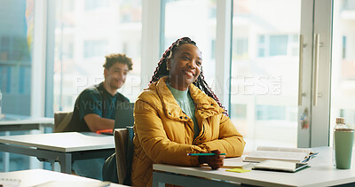 Buy stock photo Woman, book and listen in classroom at college, smile and development with education, info or knowledge. Person, university student and happy with notebook, learning and attention for scholarship