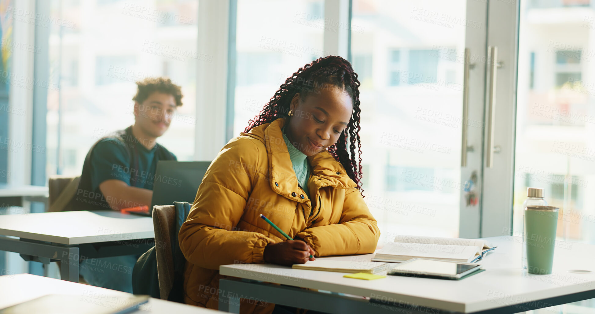 Buy stock photo Woman, book and writing in classroom at university, study and development with education, info or knowledge. Person, college student and research with notebook, learning and attention for scholarship