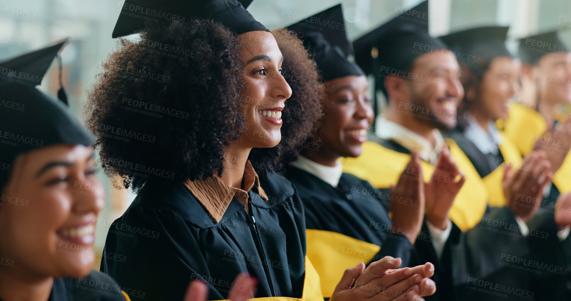 Buy stock photo Woman, applause and graduation with celebration at university for achievement, goals and education event. People, students and ceremony for learning, success and group at college hall for milestone