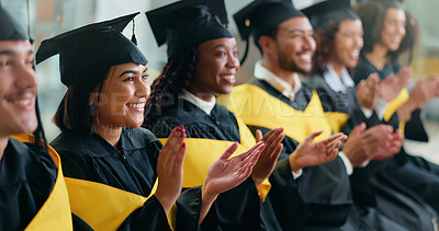 Buy stock photo Happy woman, applause and graduation with success at college for achievement, goal or education event. People, students or smile at ceremony for learning milestone, celebration or group at university