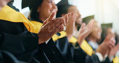Buy stock photo Hands, applause and graduation with success at university for achievement, goals and education event. People, students and ceremony for learning, scholarship and group at college hall for milestone
