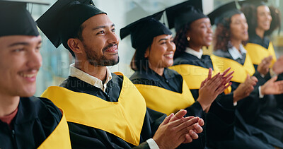 Buy stock photo University, applause and students with success, graduation and smile with achievement. Ceremony, women and men with celebration, clapping or cheering with education goals, qualification or college