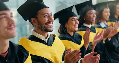 Buy stock photo Happy man, applause and graduation with success at college for achievement, goal or education event. People, students or smile at ceremony for learning milestone, celebration or group at university