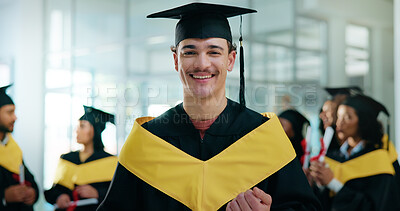 Buy stock photo Happy, student and portrait of man at graduation with education goal, degree or achievement. Smile, university graduate and male person with certificate for college diploma on campus for success.