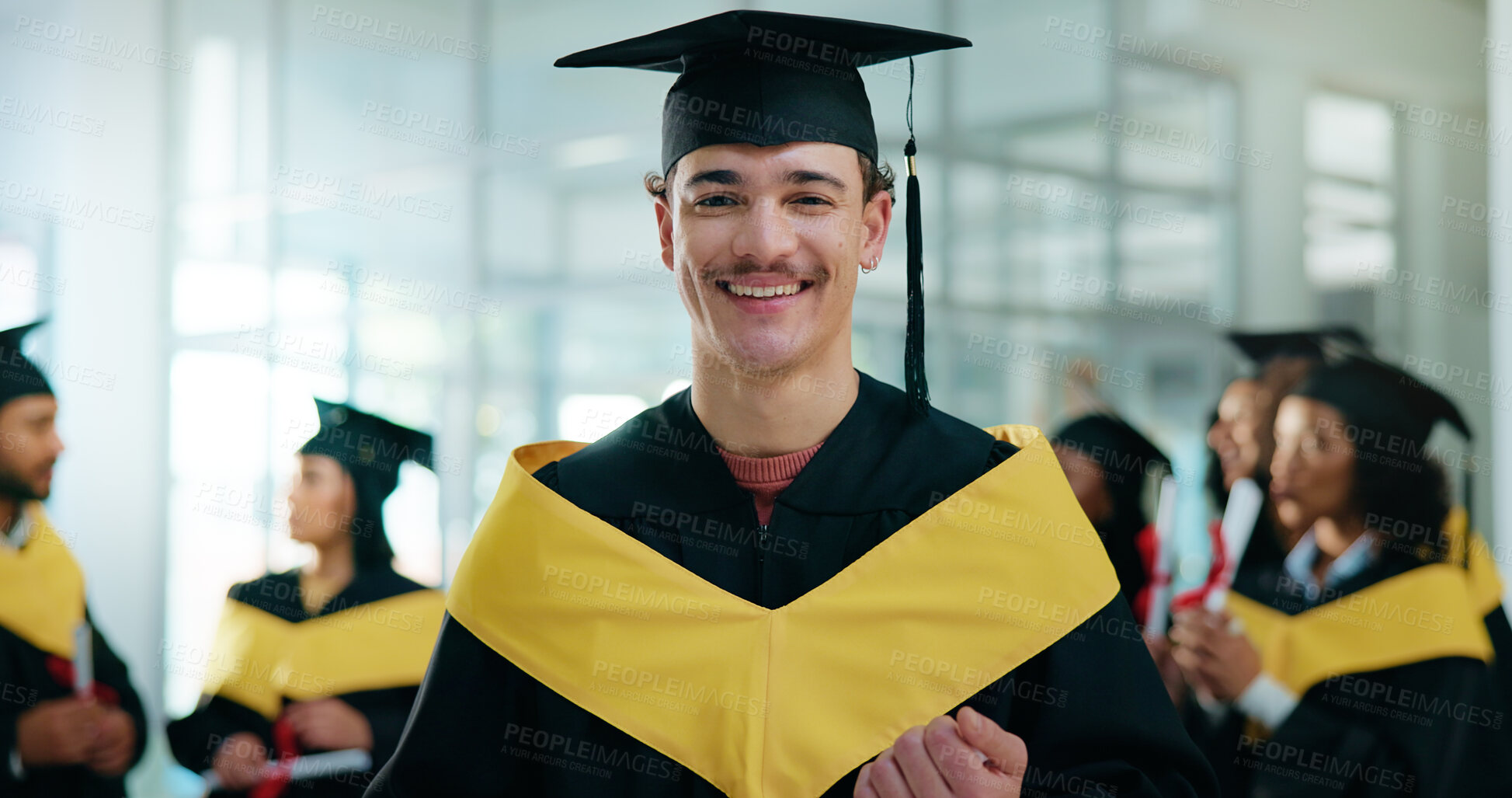 Buy stock photo Happy, student and portrait of man at graduation with education goal, degree or achievement. Smile, university graduate and male person with certificate for college diploma on campus for success.