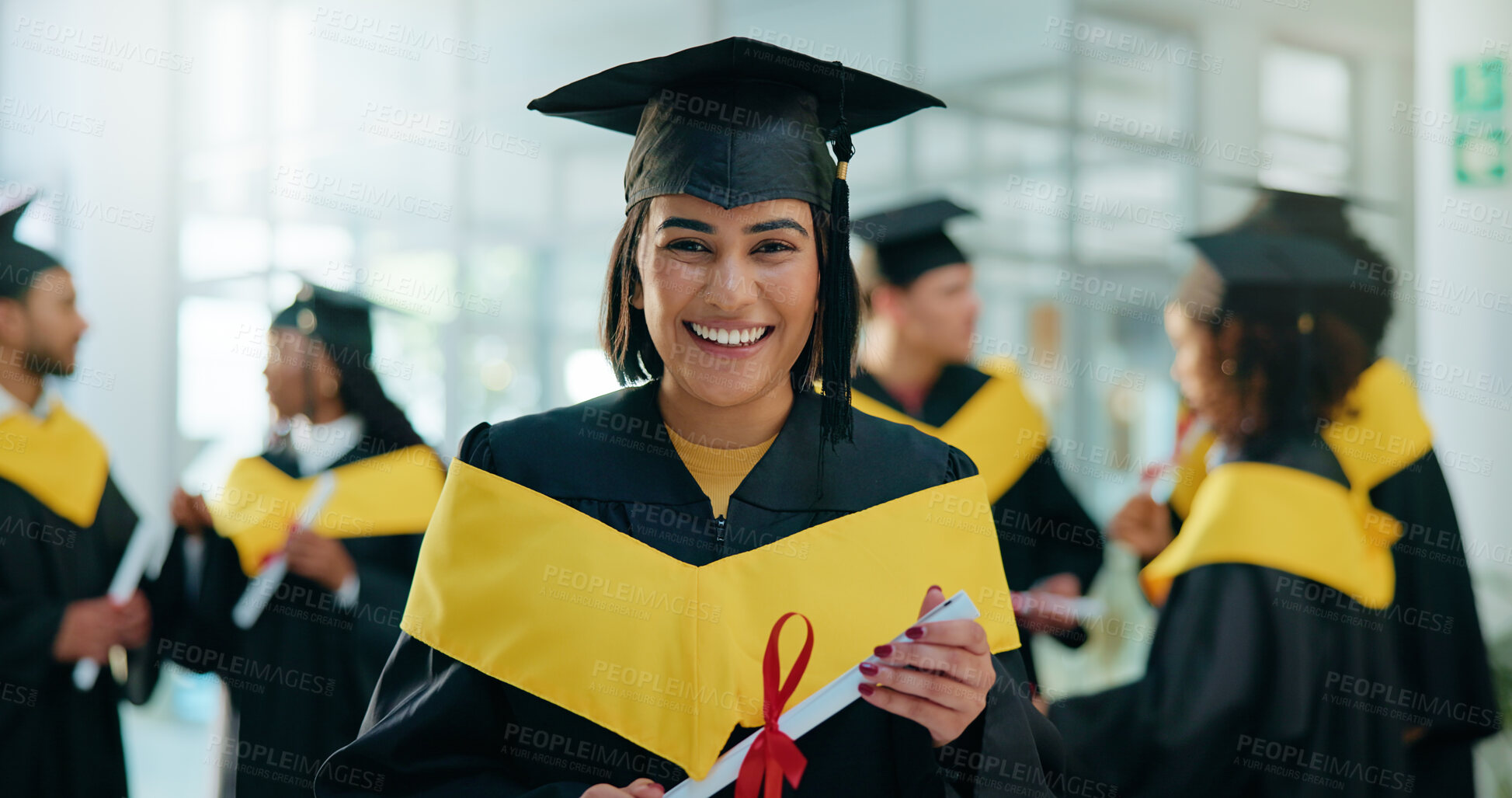 Buy stock photo Happy, student and portrait of woman at graduation with education goal, degree or achievement. Smile, university graduate and female person with scroll for college diploma on campus for success.