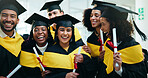 Girl, portrait and students at college graduation with smile, event and diploma for education goals. People, friends and group with certificate, celebration or excited for achievement at university