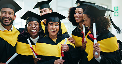 Buy stock photo Girl, portrait and students at college graduation with smile, event and diploma for education goals. People, friends and group with certificate, celebration or excited for achievement at university