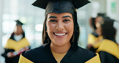 Buy stock photo Excited, student and portrait of woman at graduation with education goal, degree or achievement. Happy, university graduate and female person with pride for college diploma on campus for success.