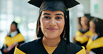 Happy woman, portrait and student with hat for graduation, ceremony or qualification in university. Female person, graduate or academic scholar with smile for education achievement or milestone