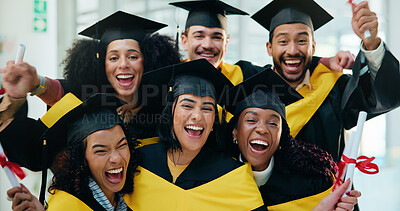 Buy stock photo Students, group and portrait at university graduation with smile, success or goal with education diploma. People, friends and happy with certificate, celebration or excited for achievement at college