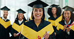 Happy woman, portrait or student with group for graduation, ceremony or qualification in university. Female person, graduate or academic learners with smile for education achievement or scholarship