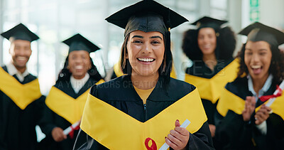Buy stock photo Happy woman, portrait or student with group for graduation, ceremony or qualification in university. Female person, graduate or academic learners with smile for education achievement or scholarship