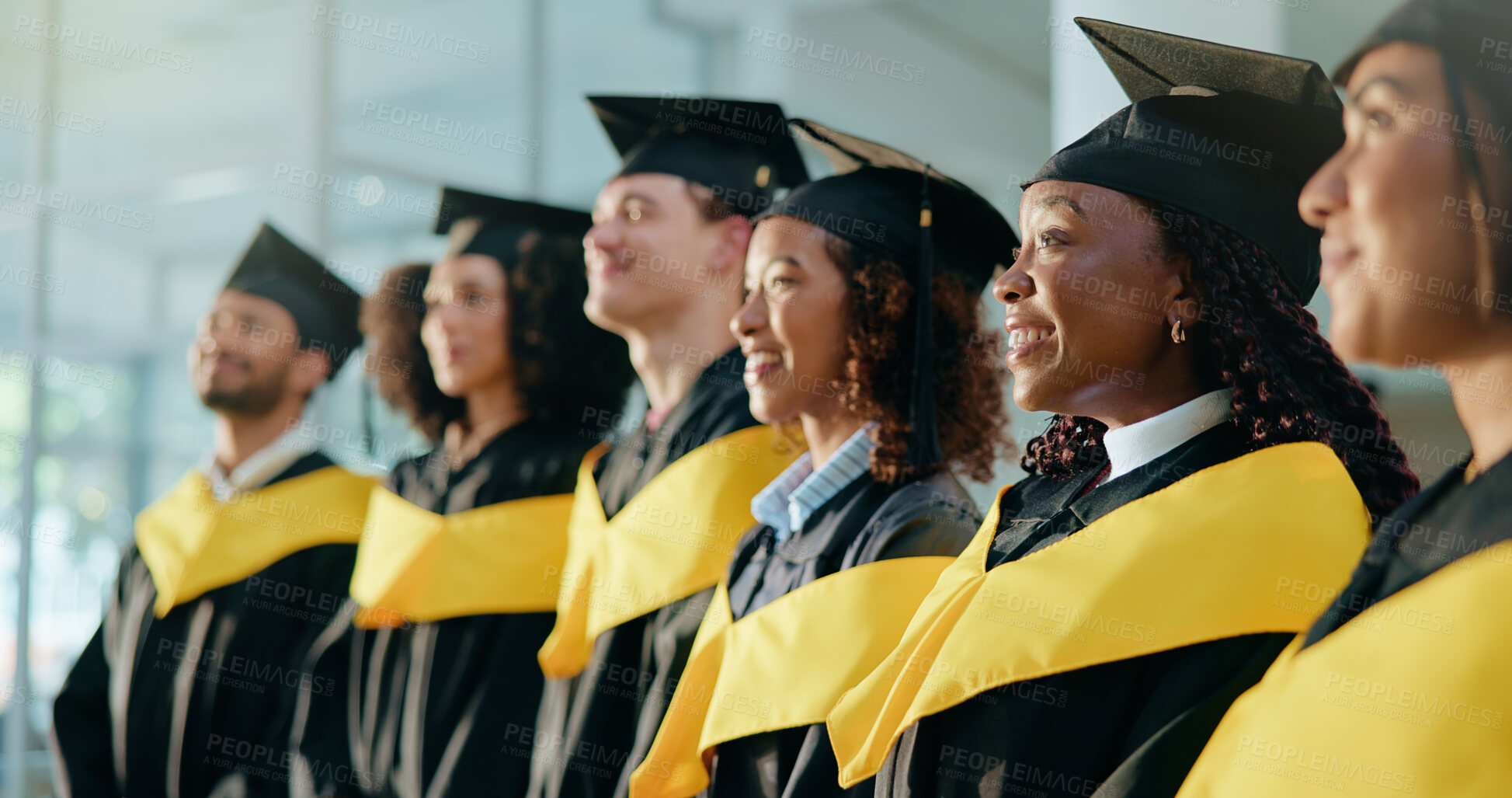 Buy stock photo College, diversity and success with students at graduation for alumni ceremony, achievement and diploma pride. University, masters degree and academy milestone with people on campus for future