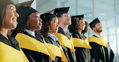 Buy stock photo College, diversity and smile with students at graduation for alumni ceremony, achievement and diploma pride. University, masters degree and academy milestone with people on campus for future