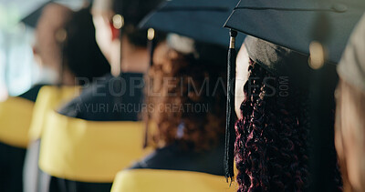 Buy stock photo Back, university and students with success, graduation and education milestone with opportunity. People, men and women with achievement, knowledge and goals with celebration, scholarship and future