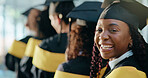 Portrait, students and graduation with woman, smile and success with achievement. University, person and group with scholarship, ceremony and higher education with milestone, excited and celebration