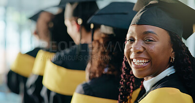 Buy stock photo Portrait, students and graduation with woman, smile and success with achievement. University, person and group with scholarship, ceremony and higher education with milestone, excited and celebration