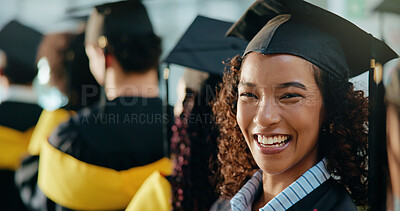 Buy stock photo Portrait, students and graduation with woman, university and success with celebration. Face, happy person and group with scholarship, ceremony and higher education with milestone, excited and goals