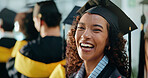 Portrait, students and graduation with woman, funny and success with ceremony. Laughing, person and group with scholarship, goals or higher education with milestone, excited or achievement with pride