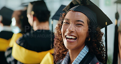 Buy stock photo Portrait, students and graduation with woman, funny and success with ceremony. Laughing, person and group with scholarship, goals or higher education with milestone, excited or achievement with pride