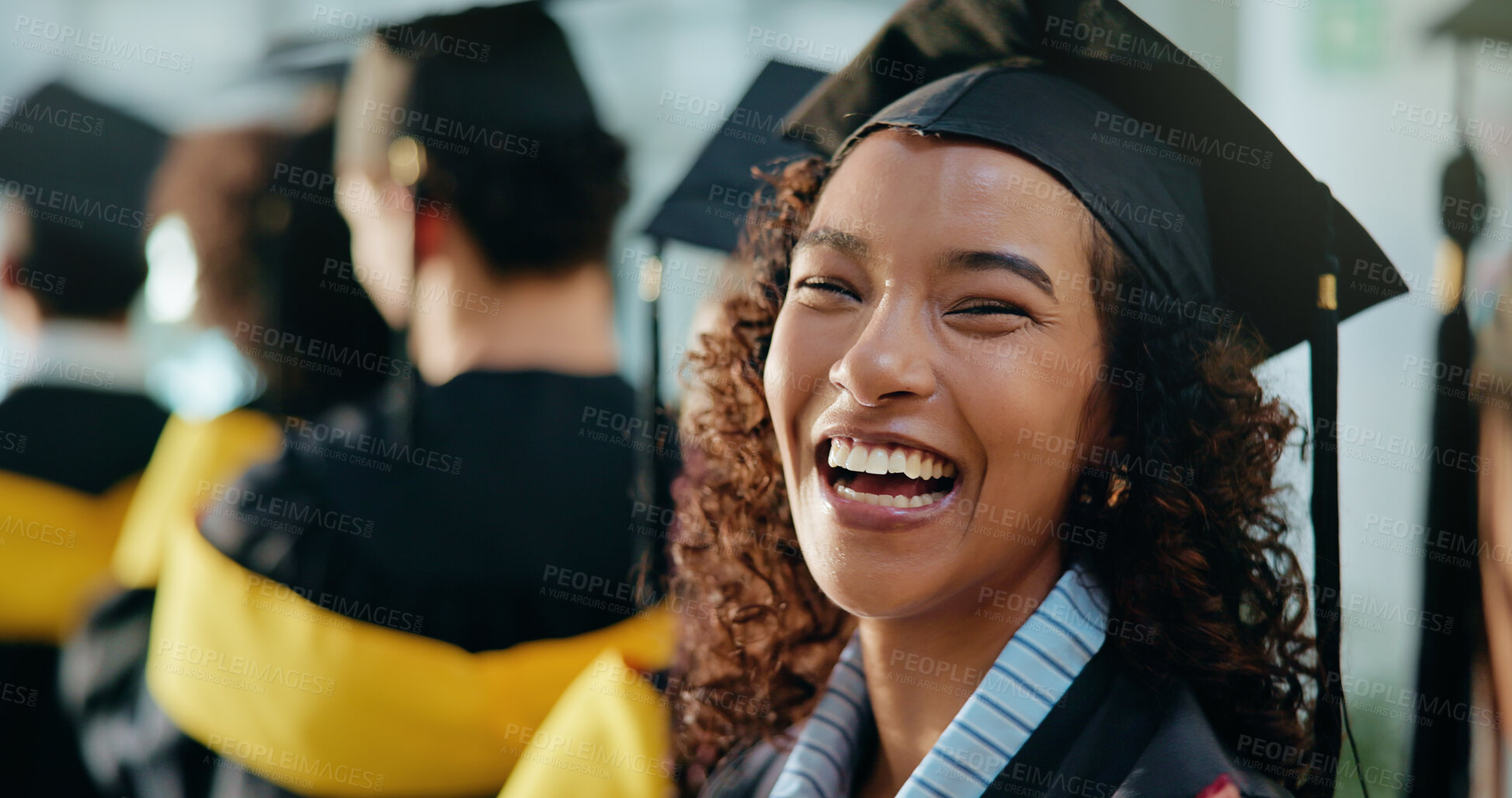 Buy stock photo Portrait, students and graduation with woman, funny and success with ceremony. Laughing, person and group with scholarship, goals or higher education with milestone, excited or achievement with pride