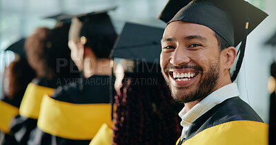 Buy stock photo Portrait, students and graduation with man, university and higher education with celebration. Achievement, person and group with scholarship, ceremony and goals with milestone, excited and pride