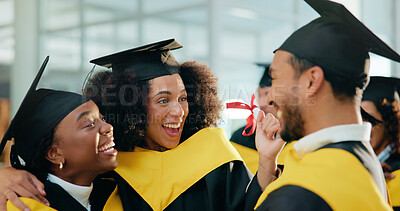 Buy stock photo Happy people, students or graduation in celebration for qualification, degree or diploma together. Excited group, friends or graduate with smile, certificate or milestone for education or scholarship