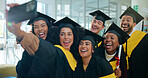 Selfie, university and students with smile, graduation and memory with college goals, app and degree. People, men and women with achievement, success and excited with profile picture or education