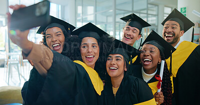 Buy stock photo Selfie, university and students with smile, graduation and memory with college goals, app and degree. People, men and women with achievement, success and excited with profile picture or education