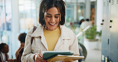 Buy stock photo University, student and woman with tablet, online reading and email with test results, scholarship and smile. College, higher education and person with tech, achievement or internship opportunity