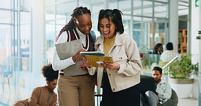 Buy stock photo Girls, friends and college students with tablet for learning, course information or funny meme. University, technology and women together for education, research knowledge and laughing at joke online