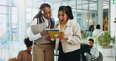 Buy stock photo Tablet, friends and college students with surprise for test results or education achievement. Shock, technology or women together in university for exam pass, best grades or wow for scholarship offer