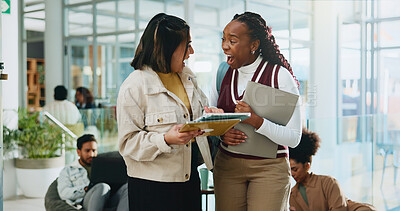 Buy stock photo Excited friends, university students and surprise with tablet for test results or scholarship offer. Shock, tech and women together in college for exam pass, best grades or wow for education news