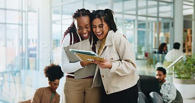 Buy stock photo Girls, friends and college students laugh with tablet for learning, comedy or funny meme. University, technology and women together for education, reading good news and embrace with joke online