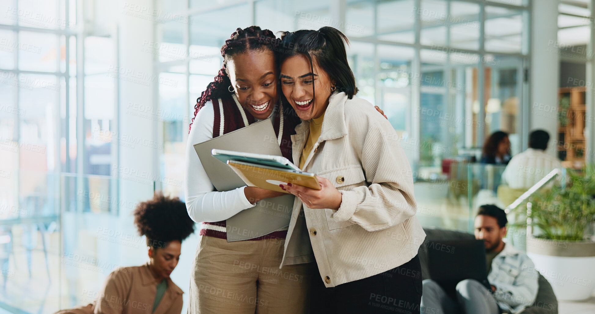 Buy stock photo Girls, friends and college students laugh with tablet for learning, comedy or funny meme. University, technology and women together for education, reading good news and embrace with joke online